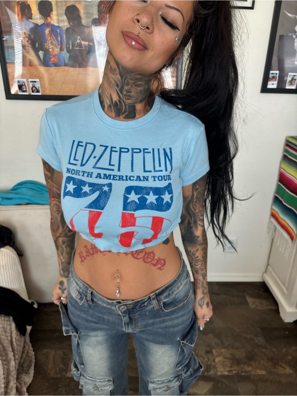 Vintage Led Zeppelin Light Blue Cropped Graphic Tee - Women's